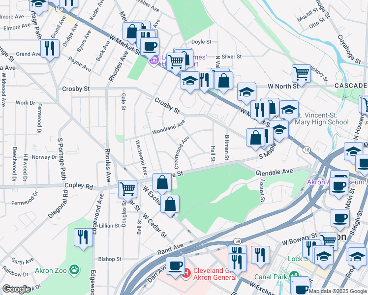 map of restaurants, bars, coffee shops, grocery stores, and more near 205 Oakdale Avenue in Akron