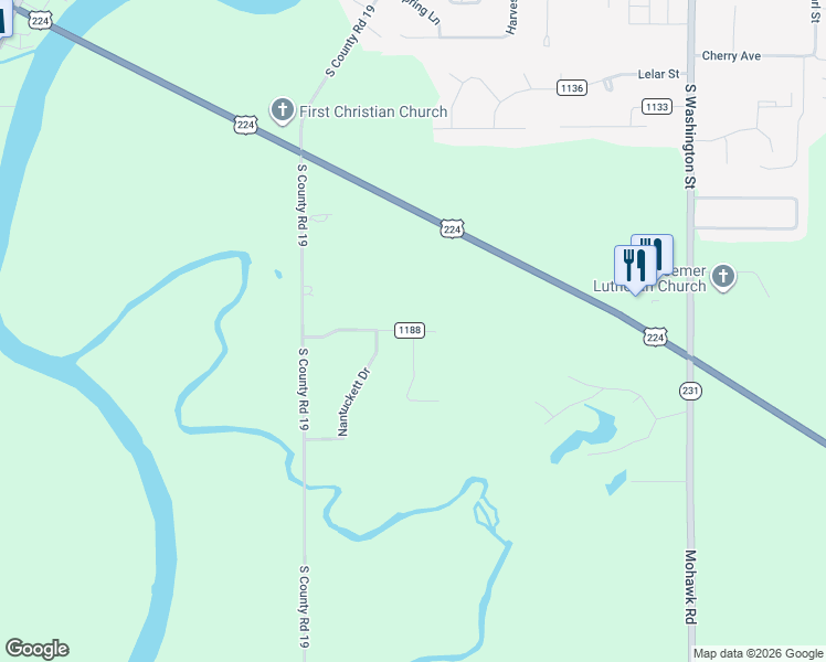 map of restaurants, bars, coffee shops, grocery stores, and more near 2561 South Township Road 1189 in Tiffin