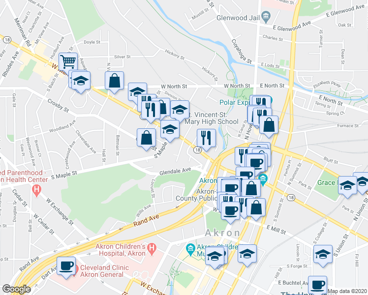 map of restaurants, bars, coffee shops, grocery stores, and more near 15 South Walnut Street in Akron