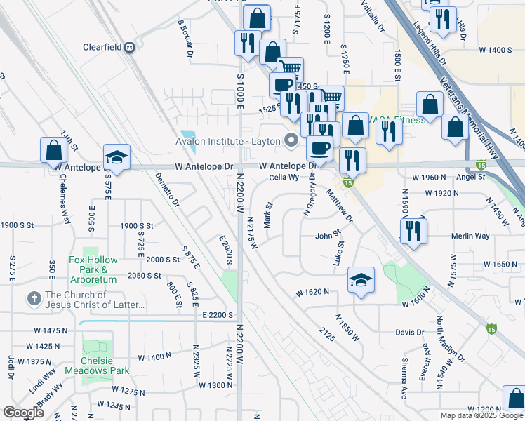 map of restaurants, bars, coffee shops, grocery stores, and more near 1835 Mark Street in Layton