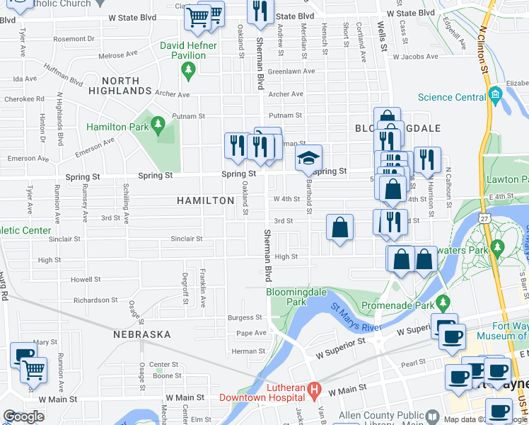 map of restaurants, bars, coffee shops, grocery stores, and more near 1409 Sherman Boulevard in Fort Wayne