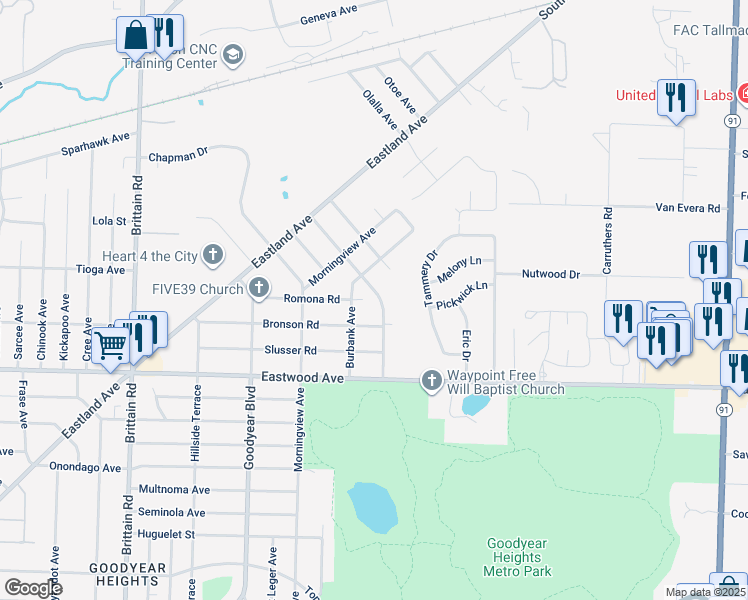 map of restaurants, bars, coffee shops, grocery stores, and more near 1714 Juniata Road in Akron