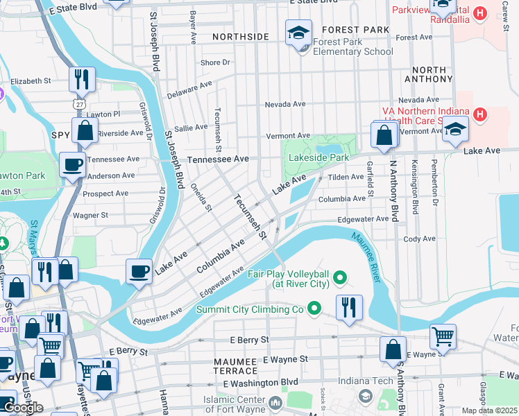 map of restaurants, bars, coffee shops, grocery stores, and more near 1218 Lake Avenue in Fort Wayne