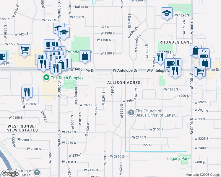 map of restaurants, bars, coffee shops, grocery stores, and more near 1640 1890 South in Syracuse