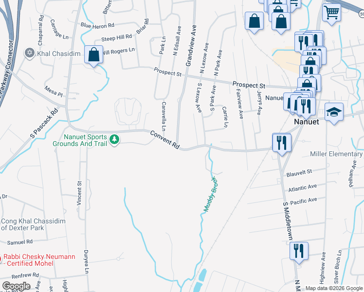 map of restaurants, bars, coffee shops, grocery stores, and more near 61 County Road 46 in Nanuet