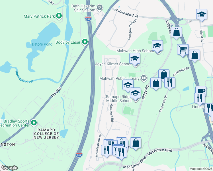map of restaurants, bars, coffee shops, grocery stores, and more near 371 Catskill Court in Mahwah