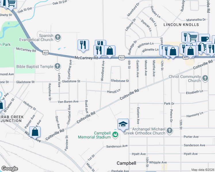 map of restaurants, bars, coffee shops, grocery stores, and more near 83 Woodland Avenue in Campbell