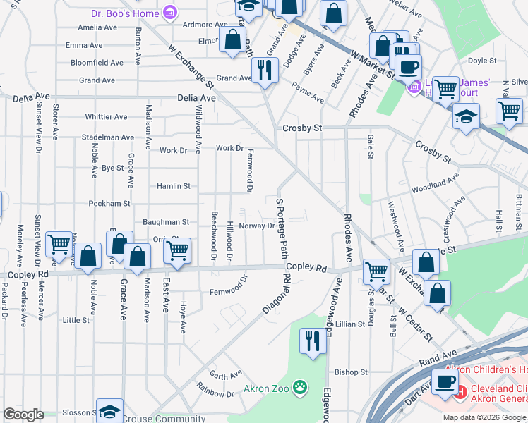 map of restaurants, bars, coffee shops, grocery stores, and more near 415 Briarwood Drive in Akron