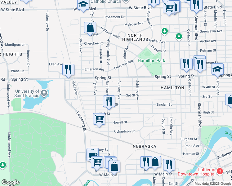 map of restaurants, bars, coffee shops, grocery stores, and more near 1727 3rd Street in Fort Wayne