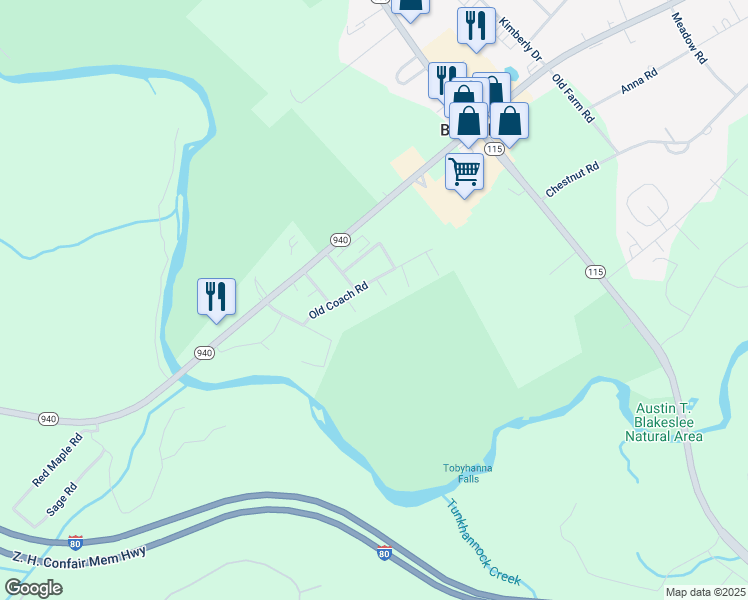 map of restaurants, bars, coffee shops, grocery stores, and more near 1242 Old Coach Drive in Blakeslee