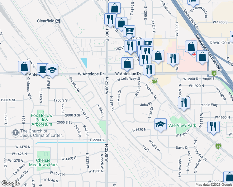 map of restaurants, bars, coffee shops, grocery stores, and more near 1835 Mark Street in Layton