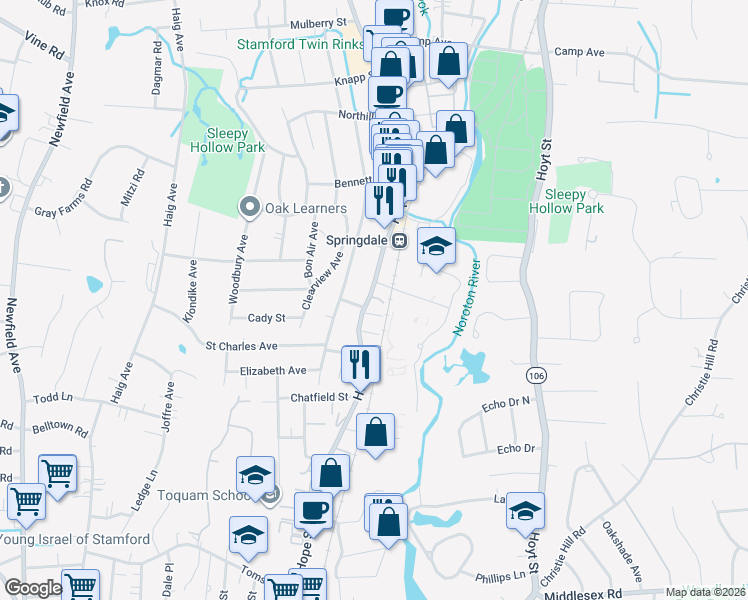 map of restaurants, bars, coffee shops, grocery stores, and more near 825 Hope Street in Stamford