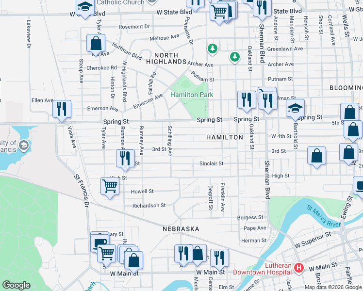 map of restaurants, bars, coffee shops, grocery stores, and more near 1511 3rd Street in Fort Wayne