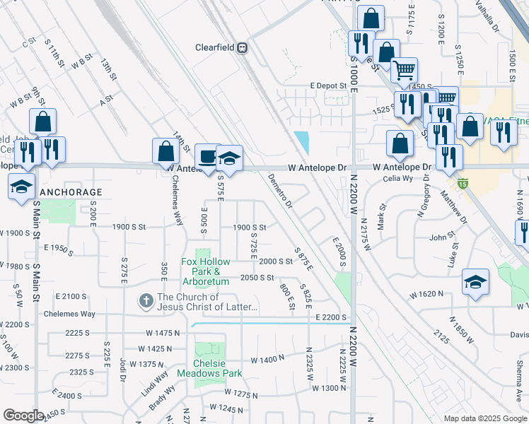 map of restaurants, bars, coffee shops, grocery stores, and more near 1830 South 875 East in Clearfield