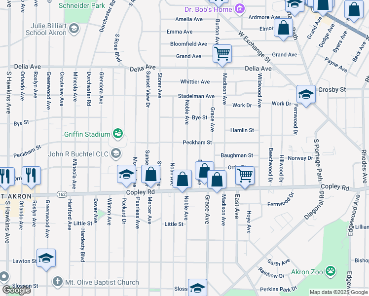 map of restaurants, bars, coffee shops, grocery stores, and more near 384 Noble Avenue in Akron