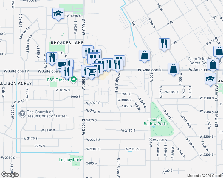 map of restaurants, bars, coffee shops, grocery stores, and more near 1870 Bluff Ridge Drive in Clearfield