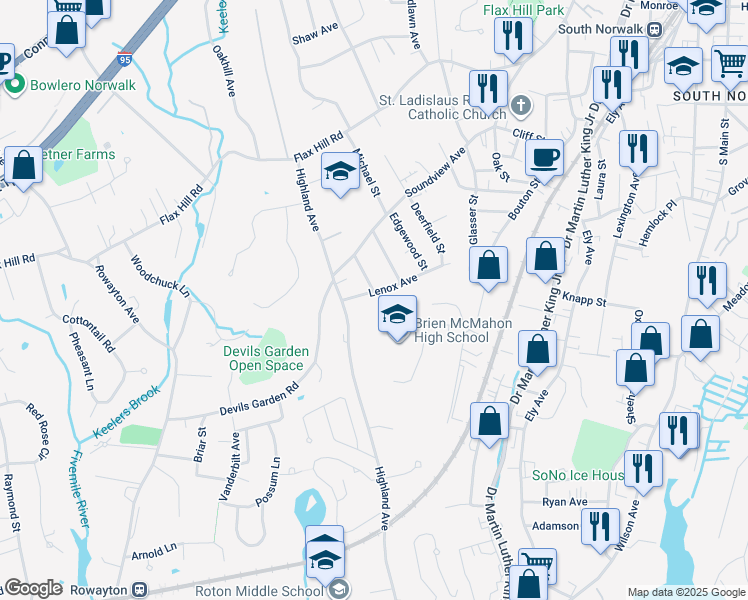 map of restaurants, bars, coffee shops, grocery stores, and more near 300 Highland Avenue in Norwalk