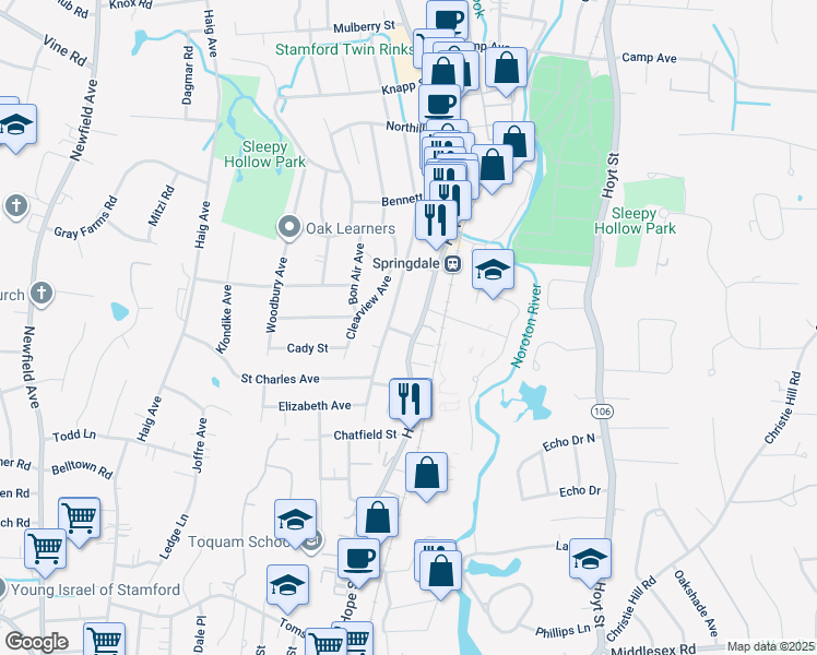 map of restaurants, bars, coffee shops, grocery stores, and more near 800 Hope Street in Stamford