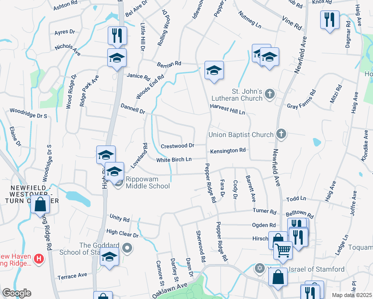 map of restaurants, bars, coffee shops, grocery stores, and more near 34 White Birch Lane in Stamford