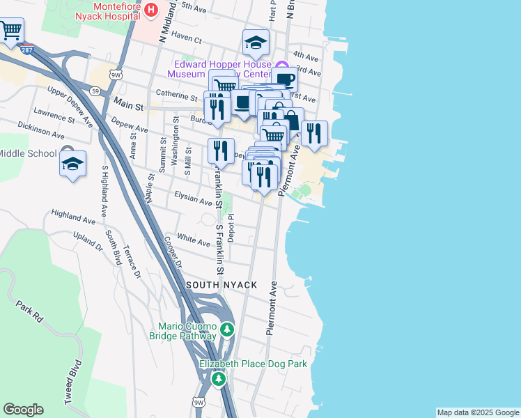 map of restaurants, bars, coffee shops, grocery stores, and more near 1 Division Avenue in Nyack
