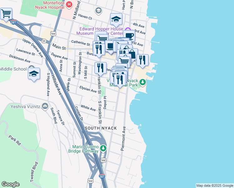 map of restaurants, bars, coffee shops, grocery stores, and more near 1 Division Avenue in Nyack