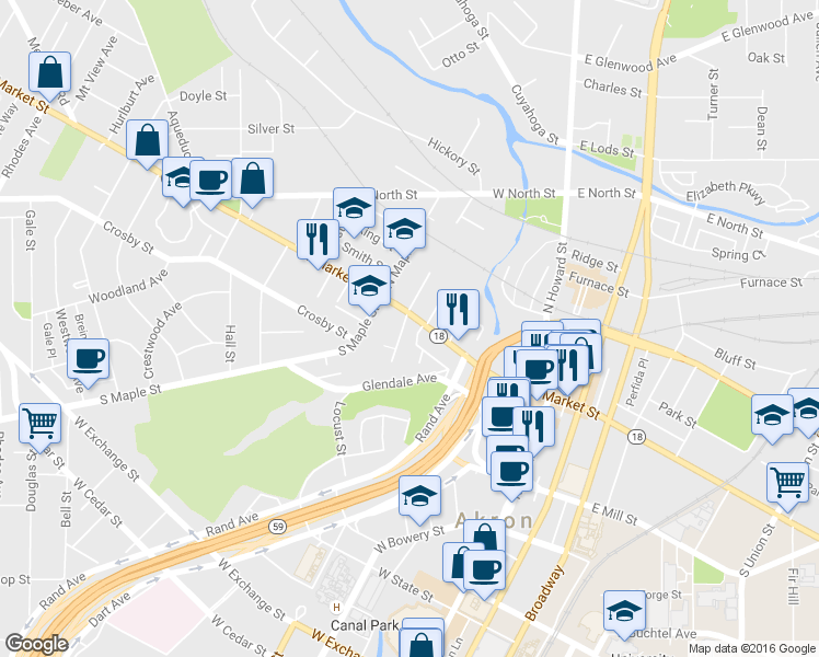 map of restaurants, bars, coffee shops, grocery stores, and more near 4 South Bates Street in Akron