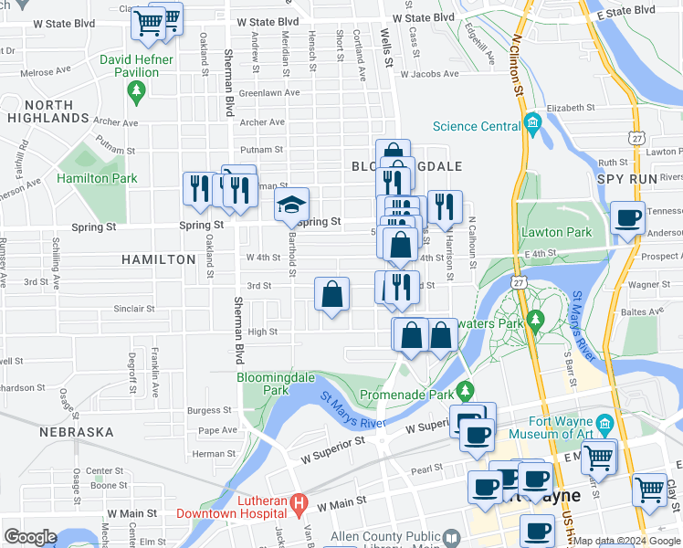 map of restaurants, bars, coffee shops, grocery stores, and more near 621 3rd Street in Fort Wayne