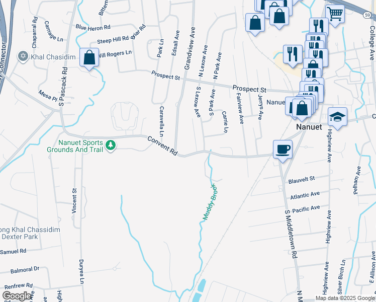 map of restaurants, bars, coffee shops, grocery stores, and more near 62 Convent Road in Nanuet
