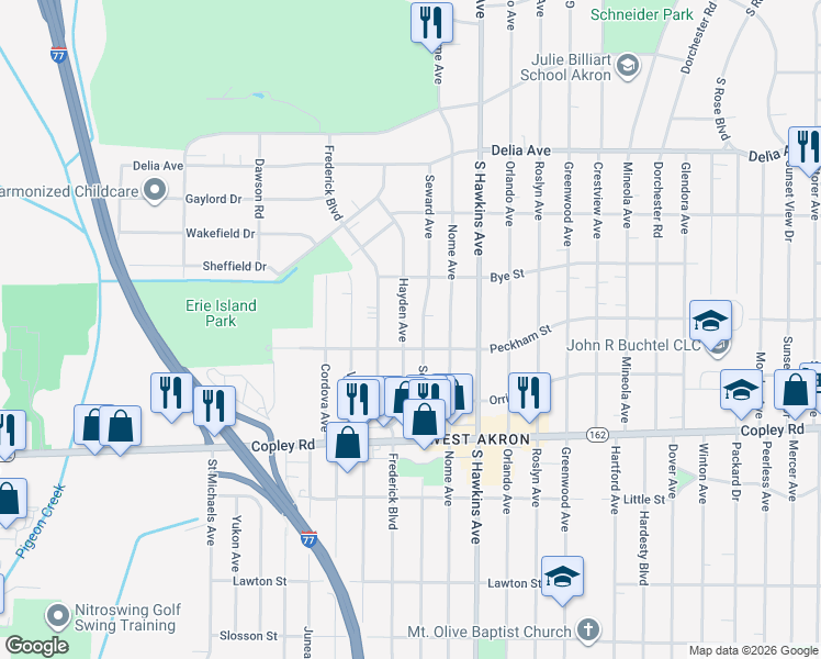 map of restaurants, bars, coffee shops, grocery stores, and more near 1372 Peckham Street in Akron