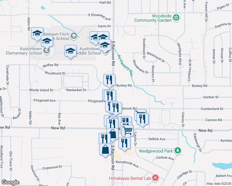 map of restaurants, bars, coffee shops, grocery stores, and more near 1305 South Raccoon Road in Youngstown