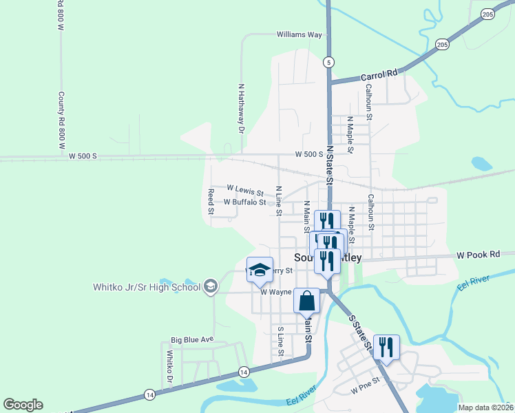 map of restaurants, bars, coffee shops, grocery stores, and more near 201-239 N Line St in South Whitley