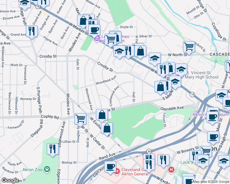 map of restaurants, bars, coffee shops, grocery stores, and more near 394 Crestwood Avenue in Akron