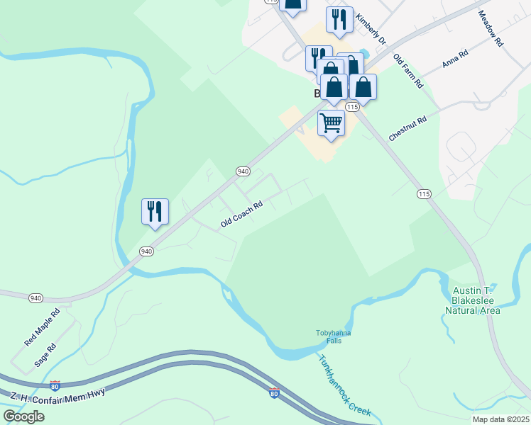 map of restaurants, bars, coffee shops, grocery stores, and more near 1242 Old Coach Drive in Blakeslee