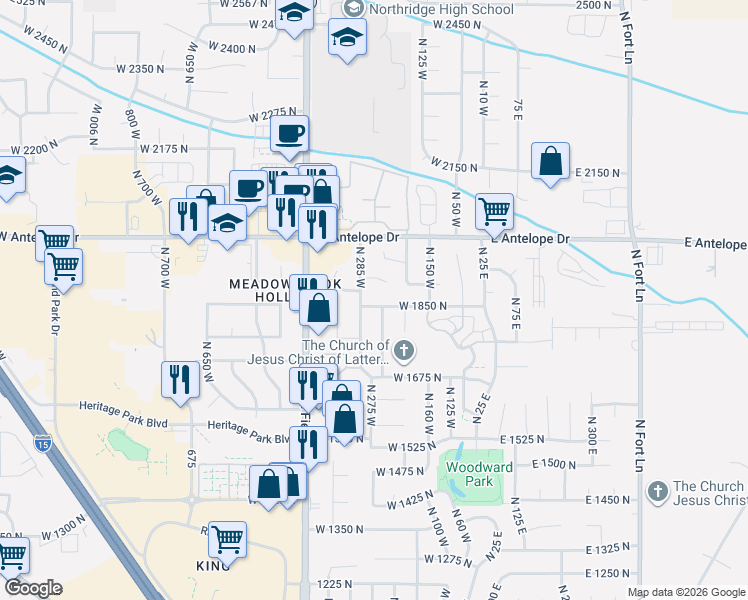 map of restaurants, bars, coffee shops, grocery stores, and more near 262 West 1850 North in Layton