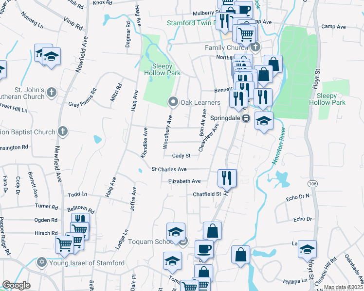 map of restaurants, bars, coffee shops, grocery stores, and more near 40 Buena Vista Street in Stamford