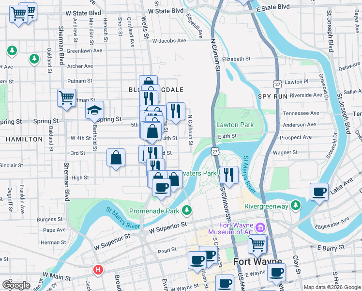 map of restaurants, bars, coffee shops, grocery stores, and more near 1416 North Harrison Street in Fort Wayne