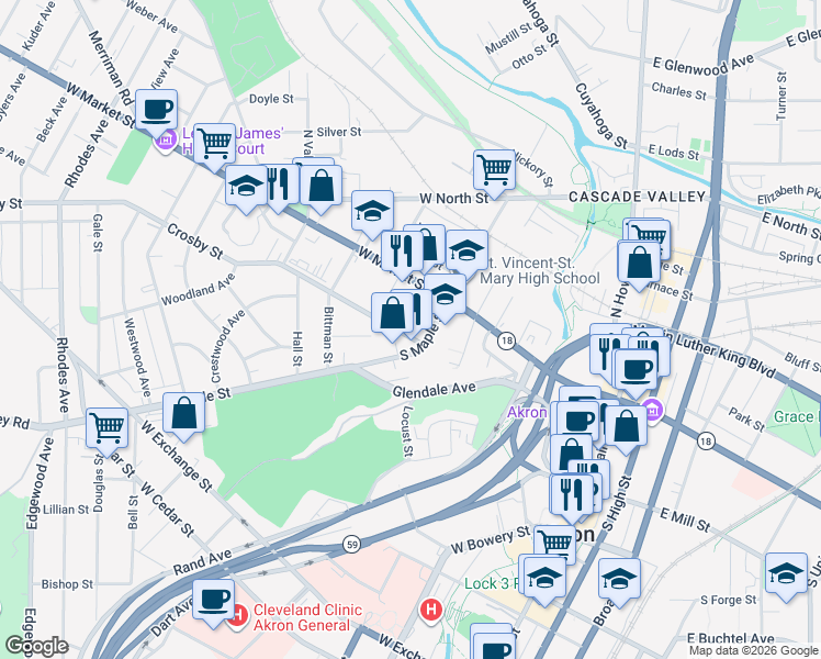 map of restaurants, bars, coffee shops, grocery stores, and more near 77 South Maple Street in Akron