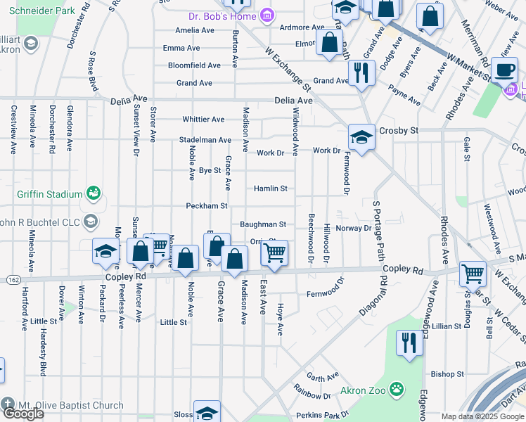 map of restaurants, bars, coffee shops, grocery stores, and more near 900 Baughman Street in Akron