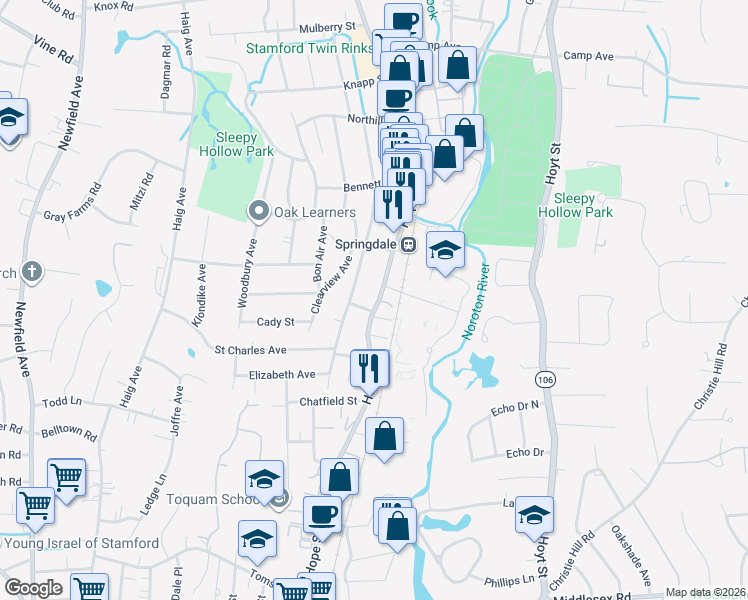 map of restaurants, bars, coffee shops, grocery stores, and more near 824 Hope Street in Stamford