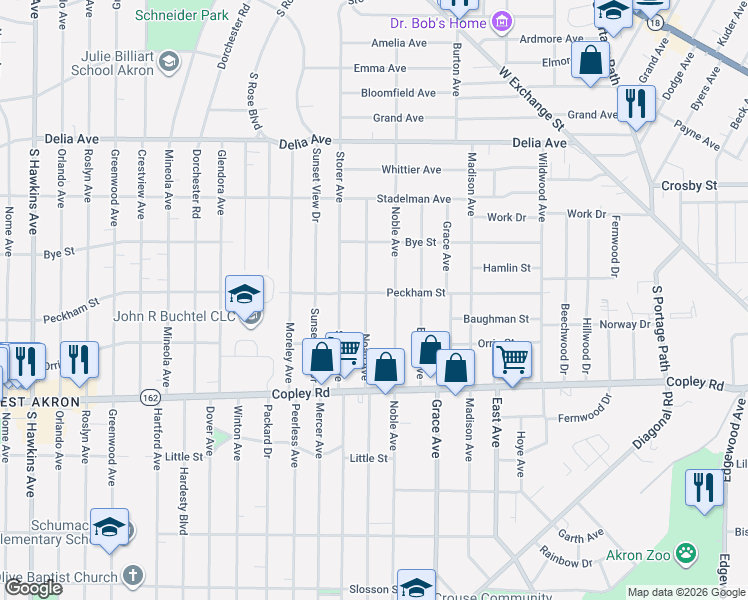 map of restaurants, bars, coffee shops, grocery stores, and more near 403 Noah Avenue in Akron