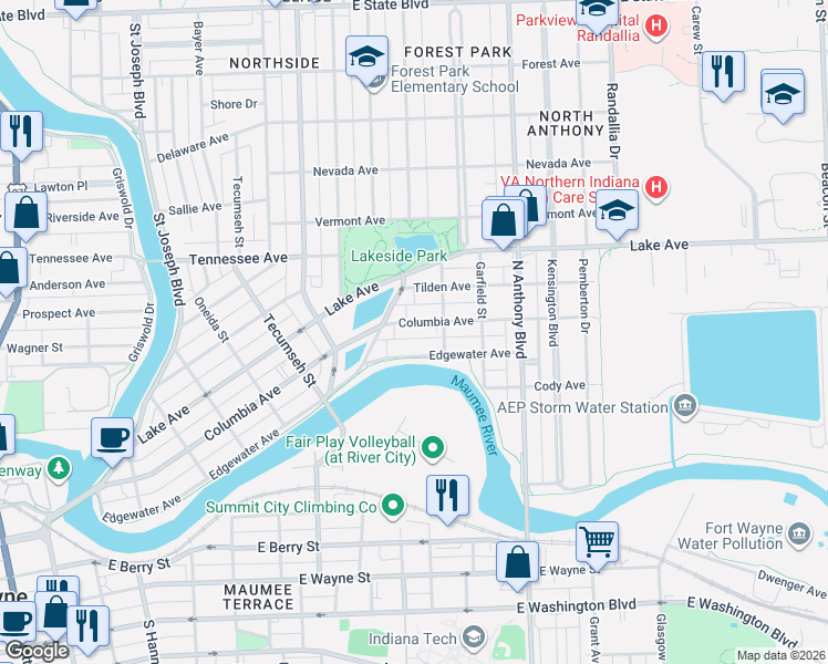 map of restaurants, bars, coffee shops, grocery stores, and more near 1503-1509 Edgewater Avenue in Fort Wayne