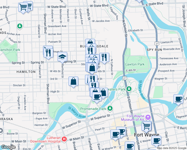 map of restaurants, bars, coffee shops, grocery stores, and more near 1420 North Wells Street in Fort Wayne