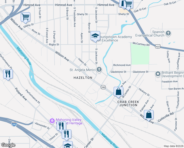 map of restaurants, bars, coffee shops, grocery stores, and more near 1439 Wilson Avenue in Youngstown