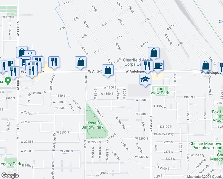 map of restaurants, bars, coffee shops, grocery stores, and more near 309 West 1800 South in Clearfield