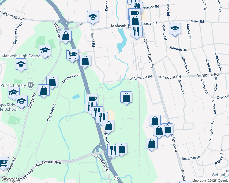 map of restaurants, bars, coffee shops, grocery stores, and more near 21 McKee Drive in Mahwah