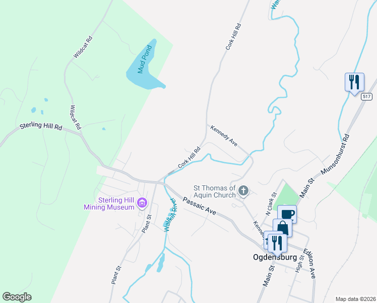 map of restaurants, bars, coffee shops, grocery stores, and more near 54 Cork Hill Road in Ogdensburg