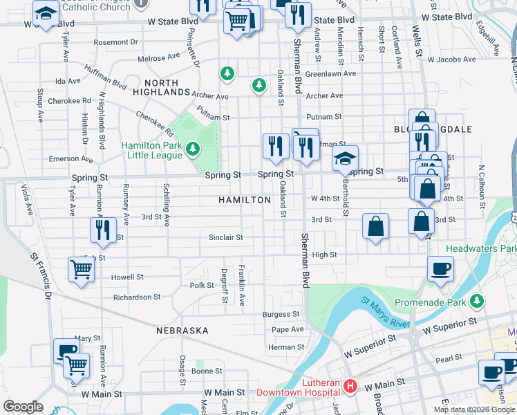 map of restaurants, bars, coffee shops, grocery stores, and more near 1118 West 4th Street in Fort Wayne