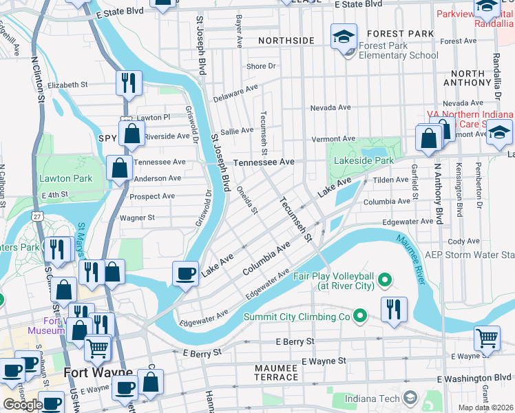 map of restaurants, bars, coffee shops, grocery stores, and more near 1101 Rivermet Avenue in Fort Wayne