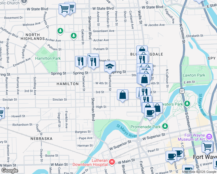 map of restaurants, bars, coffee shops, grocery stores, and more near 1514 Barthold Street in Fort Wayne