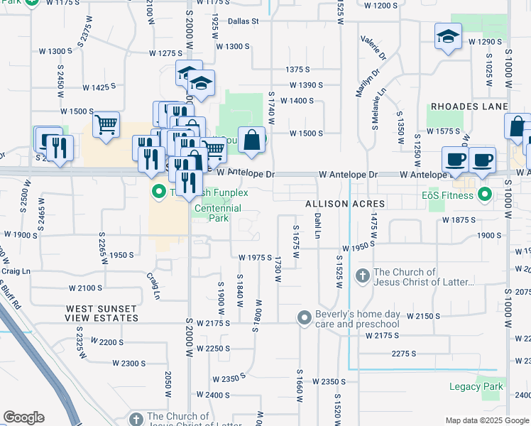 map of restaurants, bars, coffee shops, grocery stores, and more near 1757 West 1825 South in Syracuse